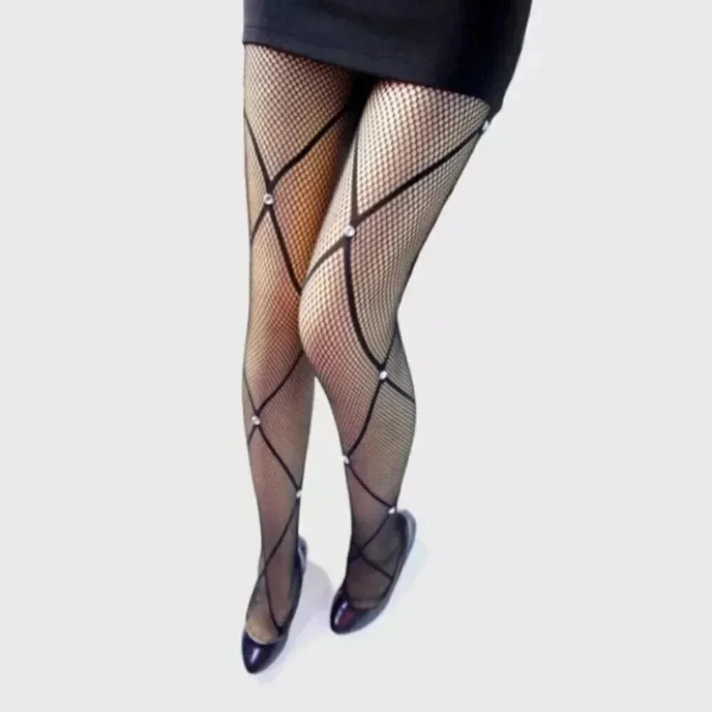 Black Rhinestone Diamond Pattern Panty Hose